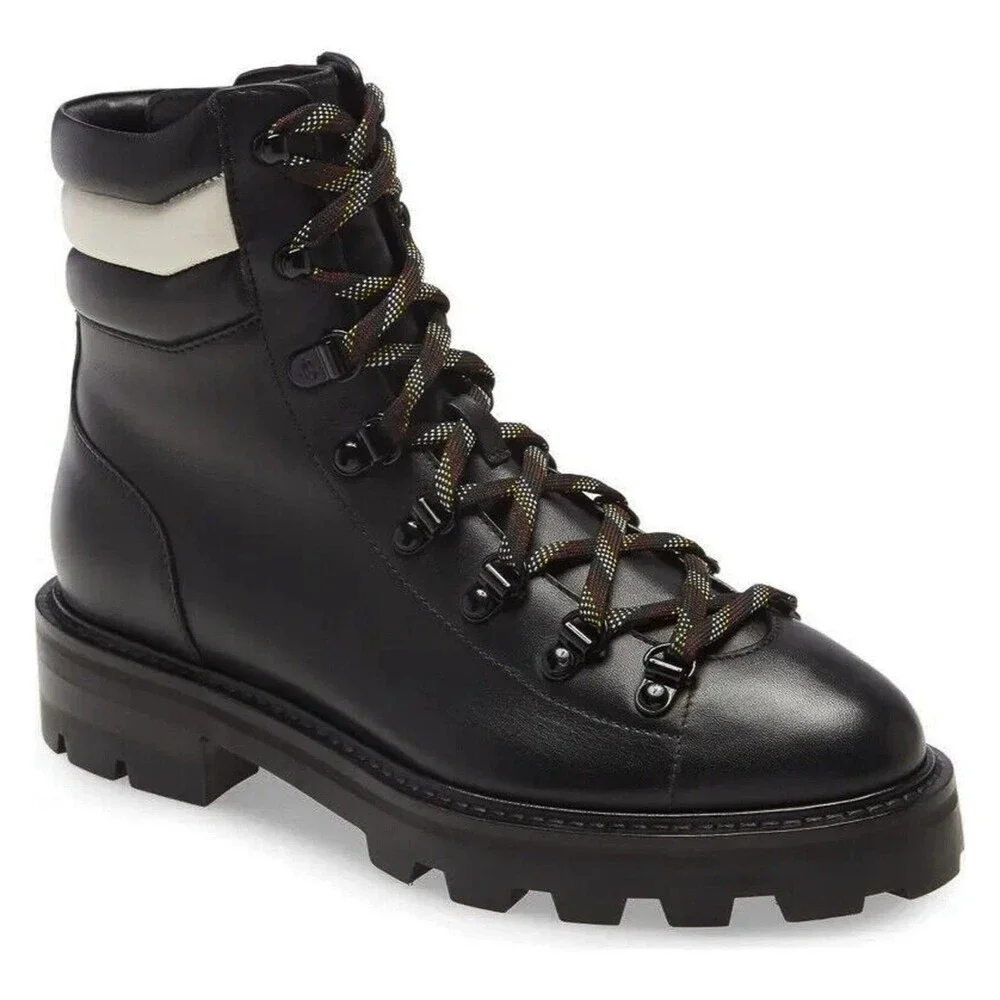 Jimmy Choo Size 7 Eshe Black Leather Hiking Ankle Combat Boots Flat Black $995